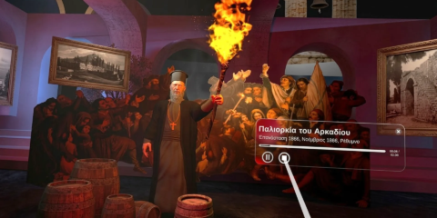 Arkadi Monastery 1866 VR scene with narrator character