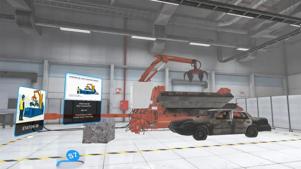 Immersive industrial training environment with in-world UI overlays