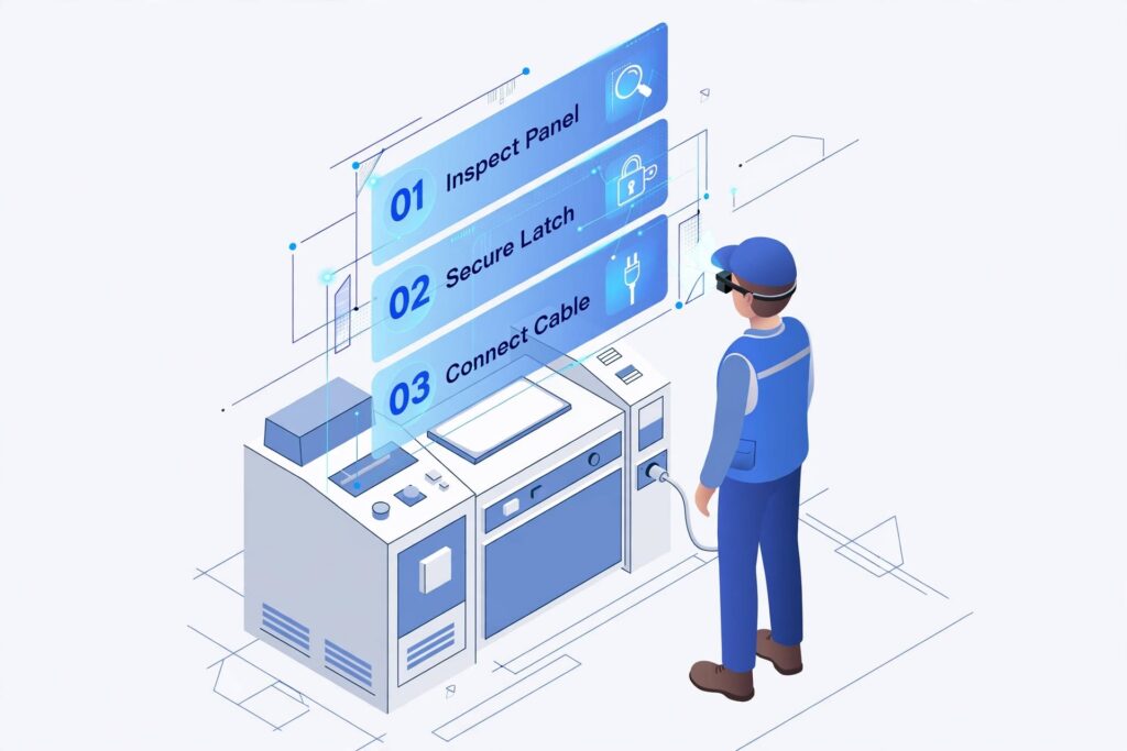 Worker with AR glasses seeing holographic instructions