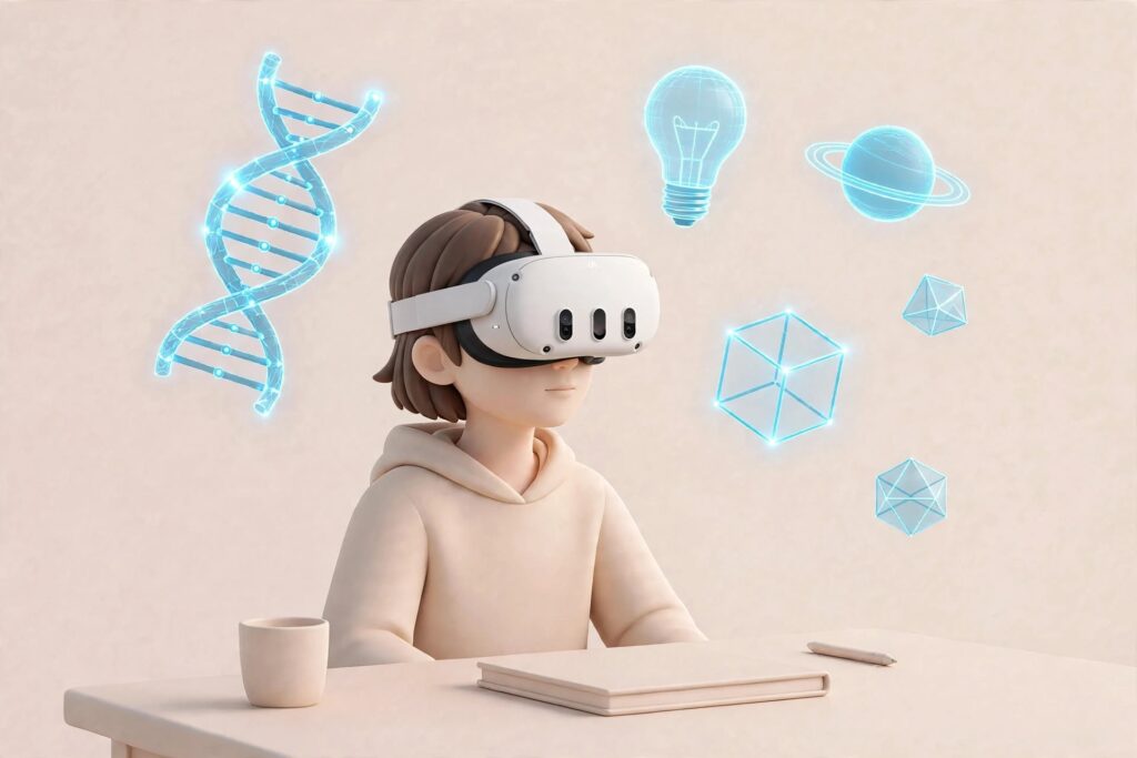 Student wearing Oculus Quest 3 with floating holographic DNA, lightbulb and planet icons
