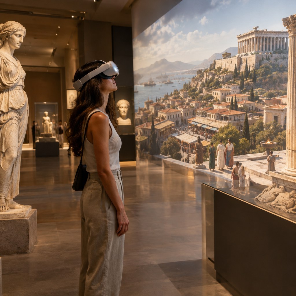 Concept illustration of an immersive VR historical reconstruction experienced inside a museum